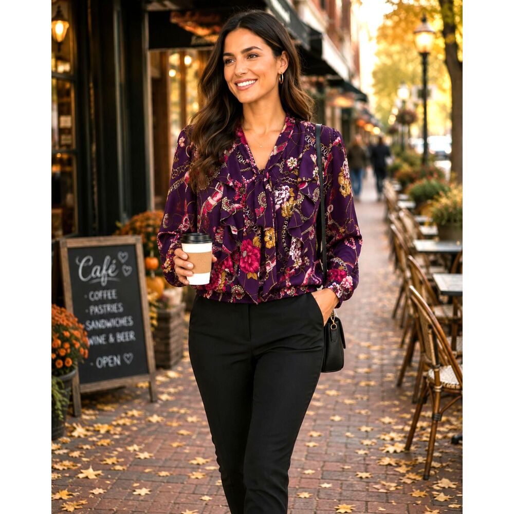 NY & Company S Purple Floral Ruffle Tie Neck Blouse Elastic Hem Long Sleeve #17